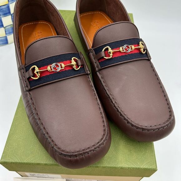 Men’s Gucci Aryton web striped leather driver loafers size 13 fits 13.5 US - Picture 2 of 11